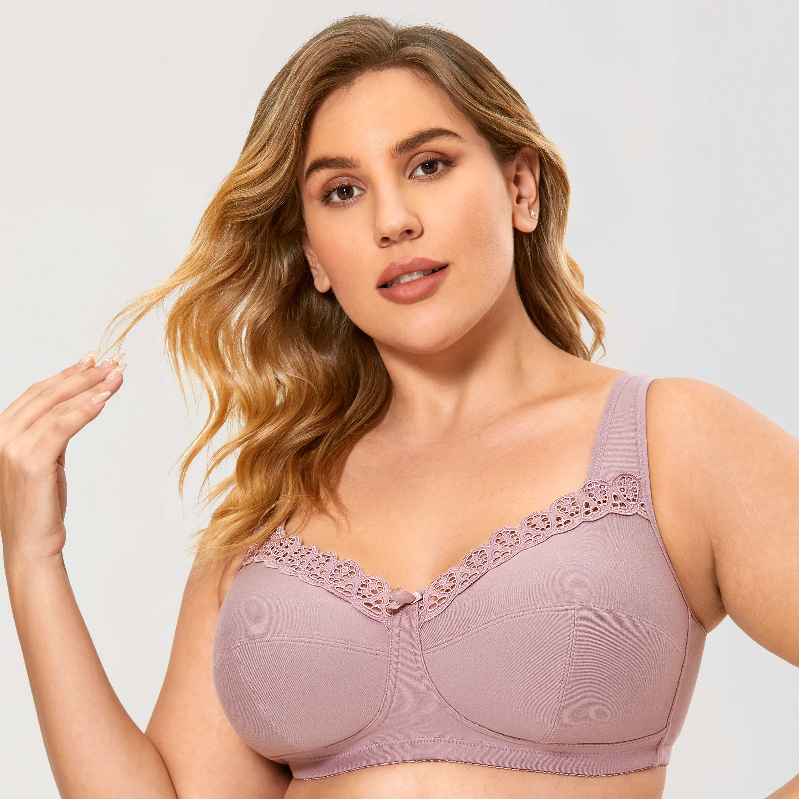 Women's Wireless Plus Size Full Coverage Lace Trim Non-wired Support Comfort Cotton Unlined Bra DD E F G