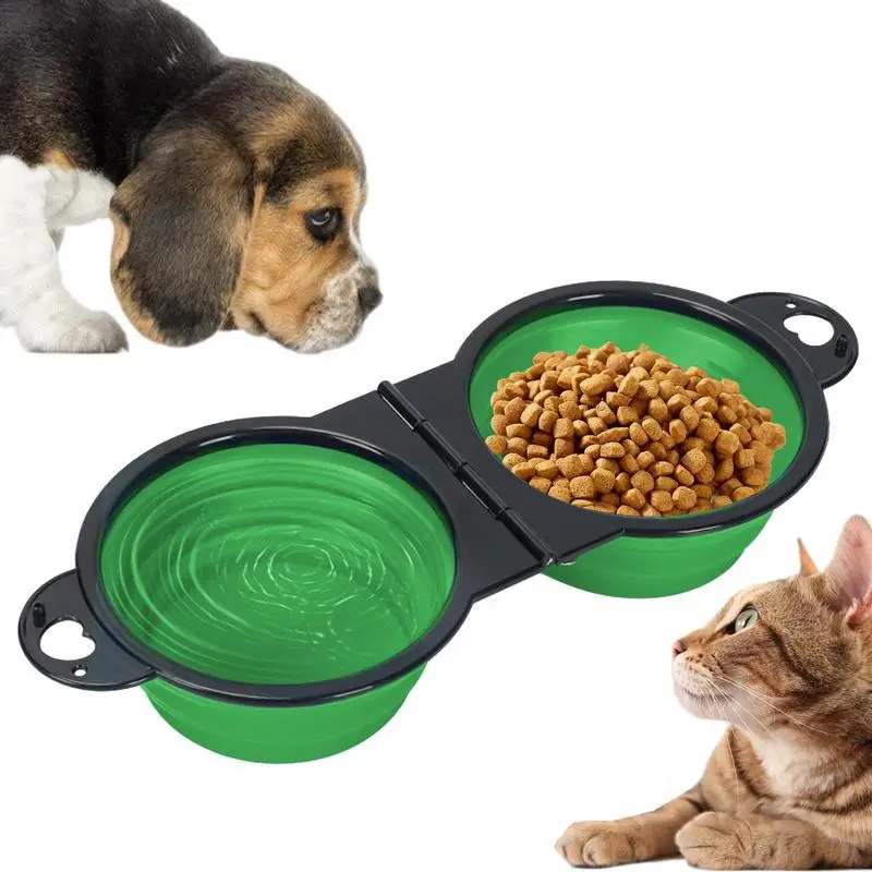 

Collapsible Dog Travel Twin Bowl 2 In 1 Expandable Double Large Silicone Pet Bowls For Food And Water Feeding Portable Travel
