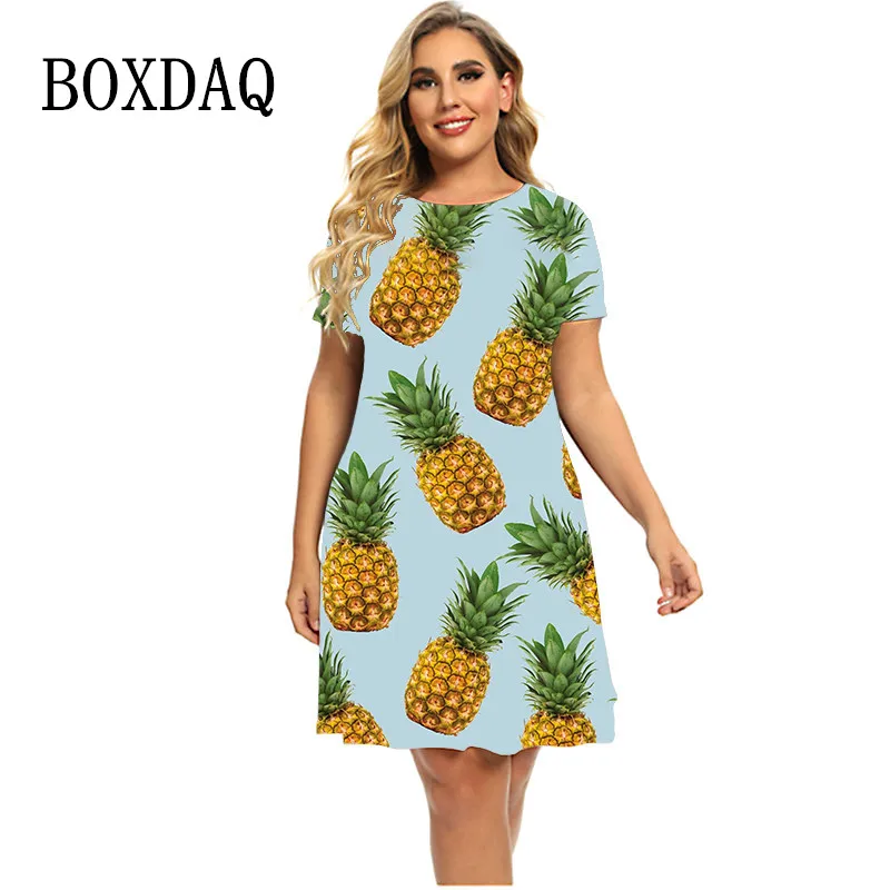

Pineapple Dress Tropical Fruit Print Fashion Dress Women Beach Mini Dresses Summer Oversized Short Sleeve Plus Size Clothing 6XL