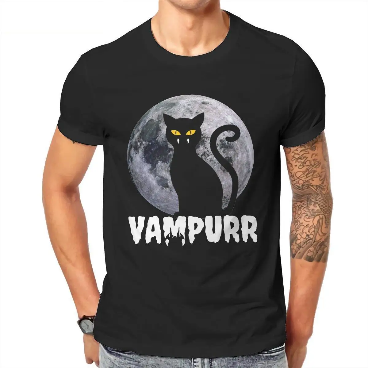 Vampurr Vampire Cat Halloween  T-Shirts Men  Funny Cotton Tee Shirt Round Neck Short Sleeve T Shirt Summer Tops