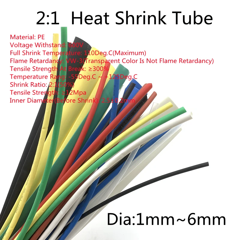 

5Meter Dia 1 ~ 6mm Heat Shrink Tube Insulated Polyolefin 2:1 Shrinkage Ratio Wire Wrap Connector Line Repair 600V Cable Sleeve