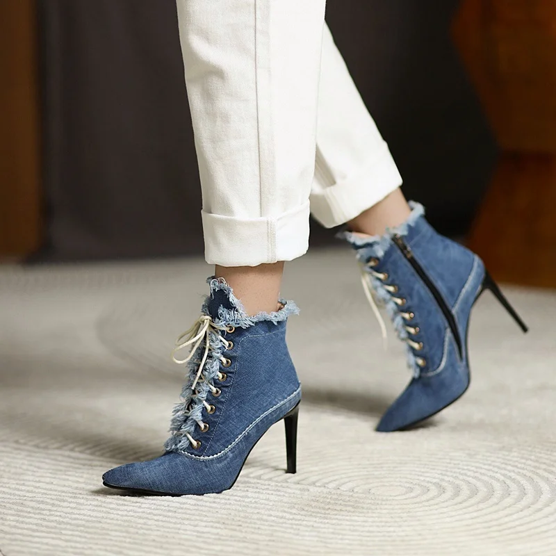 fashion punk retro street denim ankle boots for women European pop sexy pumps pointed toe zipper riding boots lace-up high heels