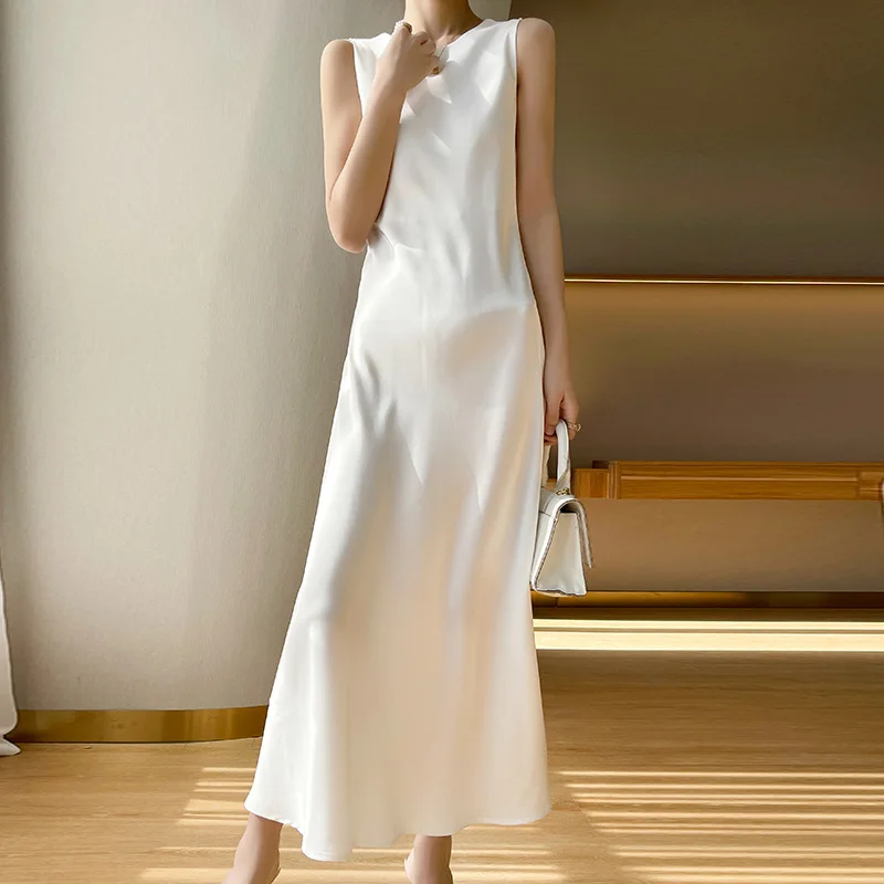 100% Pure Silk Dress Women's Satin Suspender Long Skirt Mulberry Silk Acetate Slim Fit Round Neck A-Line Skirt