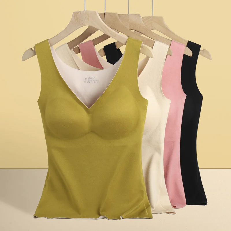 

Winter Thermal Tank Tops Women Soft Warm Thick Fleece Undershirt Stretch Velvet Thermal Vest Singlet Underwear With Bra Padded