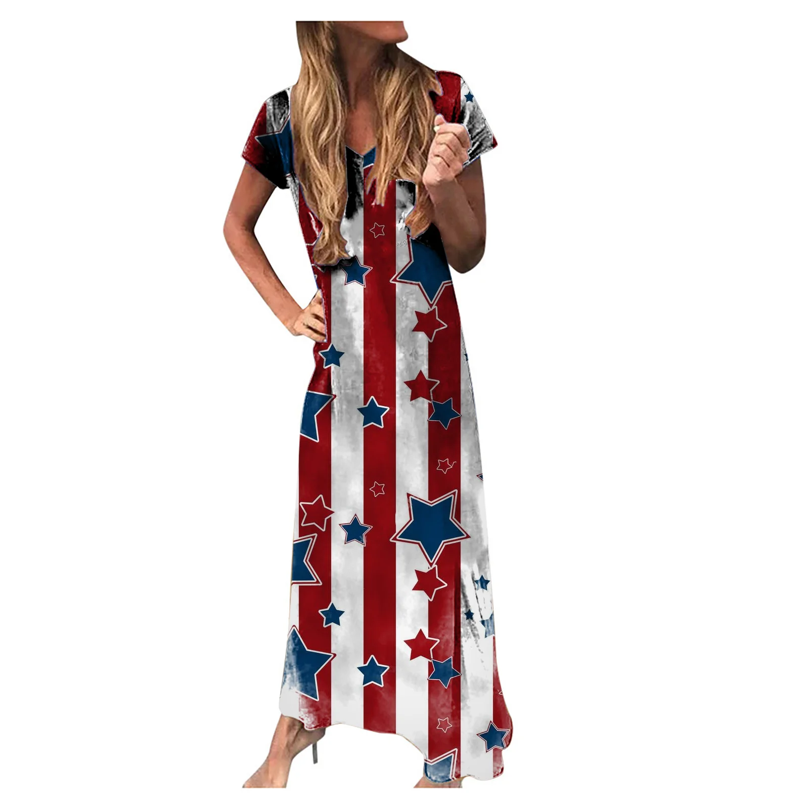 

Women Loose Maxi Dress, Adults Star & Stripe Print Short Sleeve V-neck piece