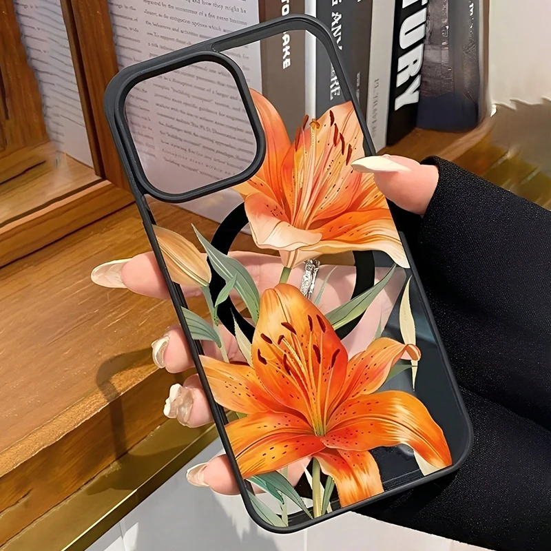 Оранжевый магнитный чехол с узором в виде лилий для iPhone 17, 11, 16, 15, 14, 13, 12 Pro Max Plus, Air 17E, 16E, совместимый с беспроводной зарядкой MagSafe (art.: 3920db1c141ee) - 3920db1c141ee