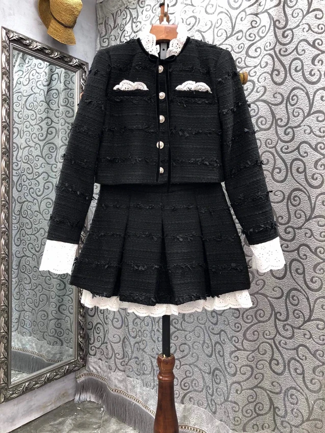

2022 new women fashion suit lace wool short coat + A-line skirt 2-piece set 923