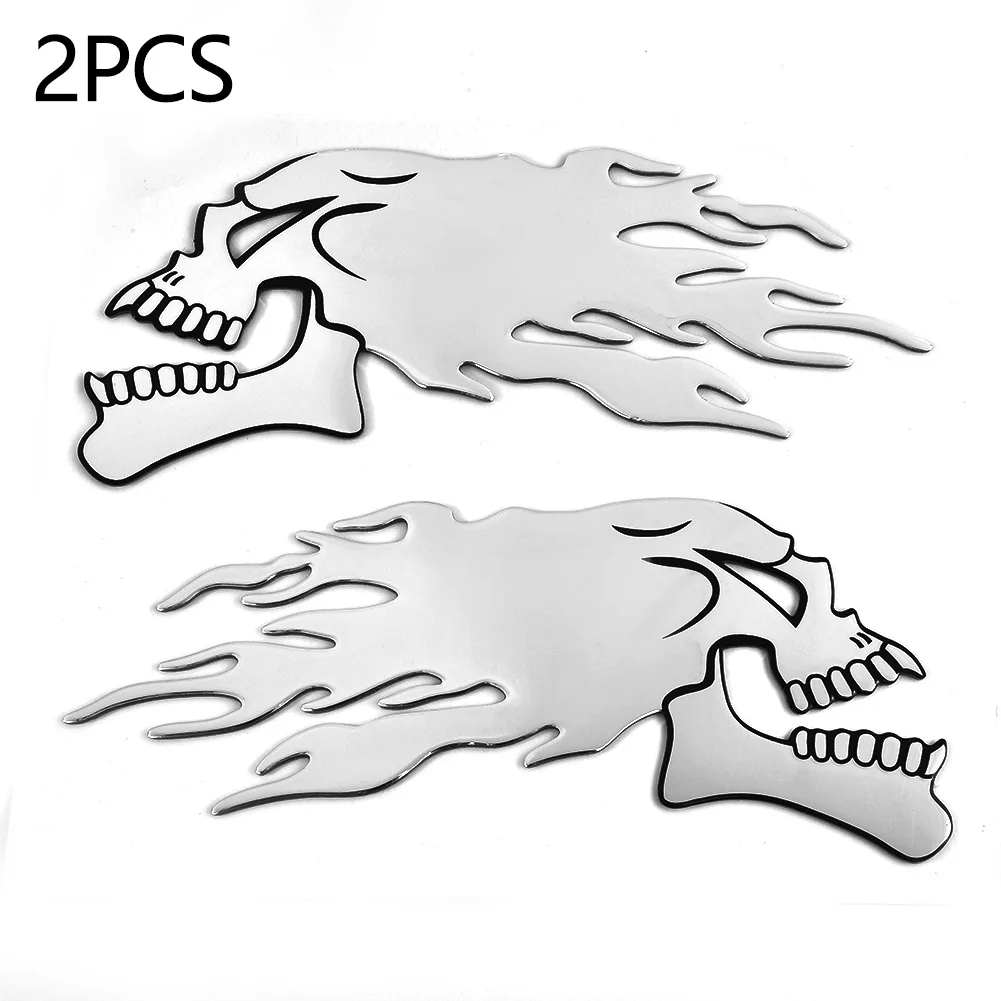 

2Pcs 3D Car Sticker Motorcycle Sticker Silver Flame Skull Styling Gel Decal Dual Sport Motorcycle Off-Road Motorcycle