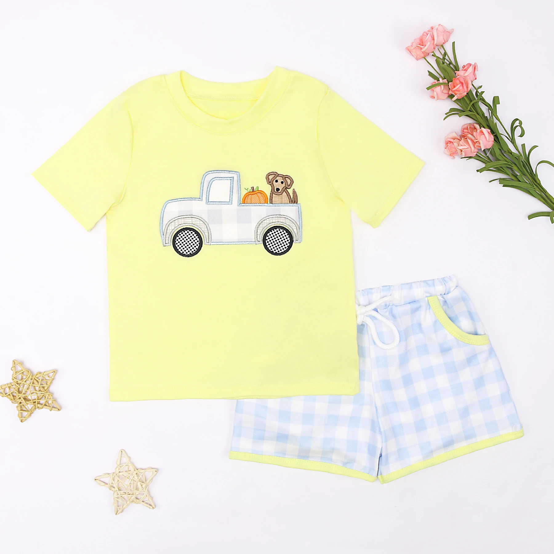 

Hallowee Outfits Baby Boys Cotton Clothes Set Pumpkin Embroidery Bodysuit Toddler Sleeve T-shirt Bluey Lattices Shorts For 1-8T