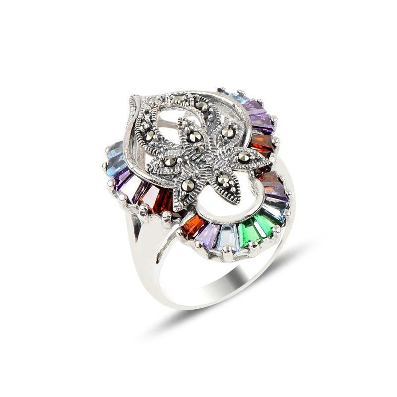 

Silver 925 Sterling Marcasite & Baguette cut Zircon Stone Ring