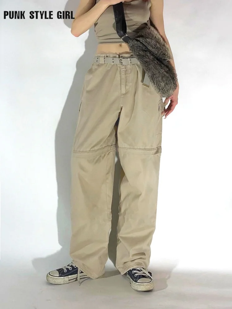 

Брюки-карго хаки женские с заниженной талией, винтажные свободные брюки-багги в стиле гранж 90-х, повседневные Широкие штаны в Корейском стил...