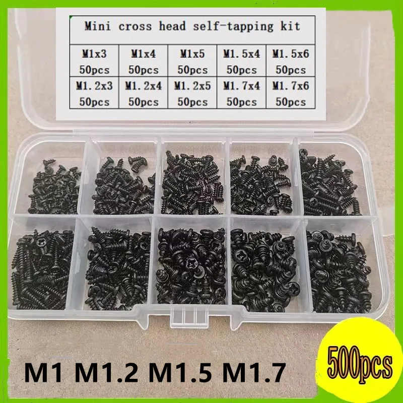 500-1000Pcs M1 M1.2 M1.5 M1.7 Mix Pan Phillips Head Micro Screws Round Pan Head Self Tapping Wood Screw Set Kit Box