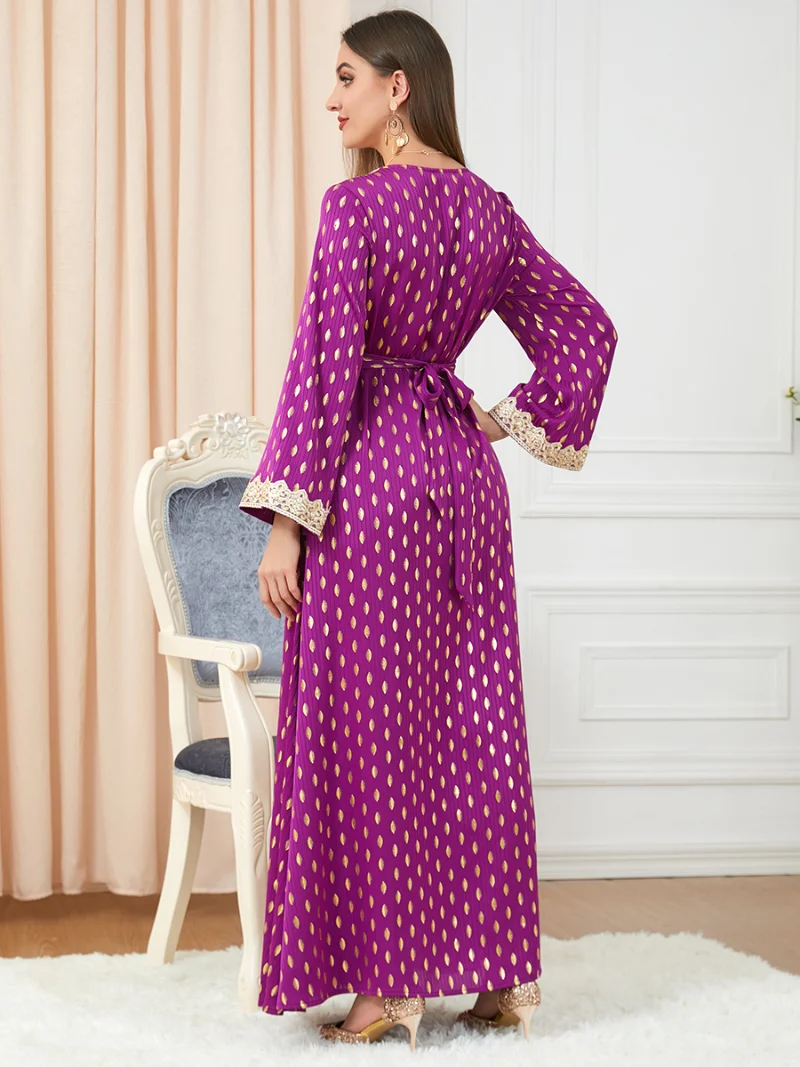 Caftan Marocain Embroidery Tape Trim Belted V-Neck Long Sleeve Evening Dress Women Long Dubai Bronzing Dot Abaya Ramadan New