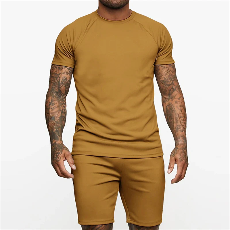 Men Clothes 3D Printed T-shirt Suits Plus Size Solid Color Designer Graphic Round Neck Ropa Short Raglan Sleeve 2 Pieces Summer