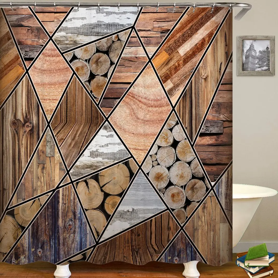 

Занавеска для душа в винтажном стиле, деревянная Водонепроницаемая тканевая ретро-занавеска для ванной комнаты с узором в виде скалы, с крючком