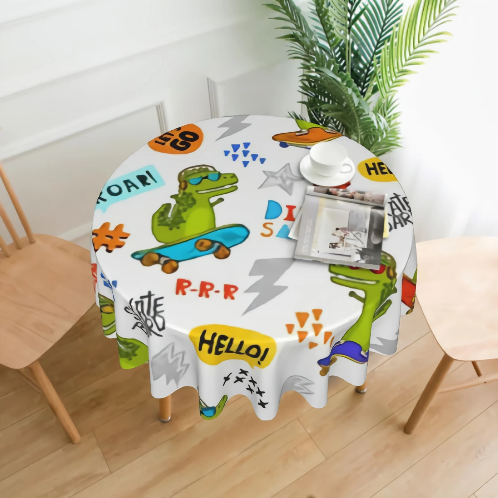 

Grunge Pattern With Cool Dinosaur Tablecloth Washable Funny Dinosaurs On Skating Board Round Tablecloths Circular Table Cover