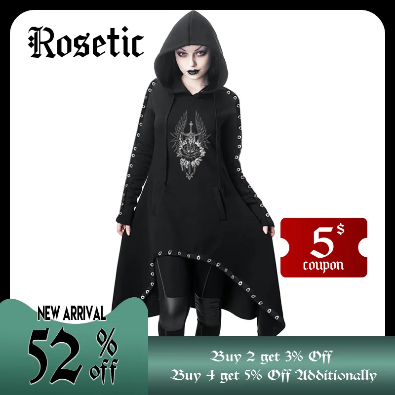 

Rosetic Goth Fashion Retro Women Long Hoodie Designed Printing Patchwork Pullover Gothic Style Hooded Collar Lady Hoodie Autumn