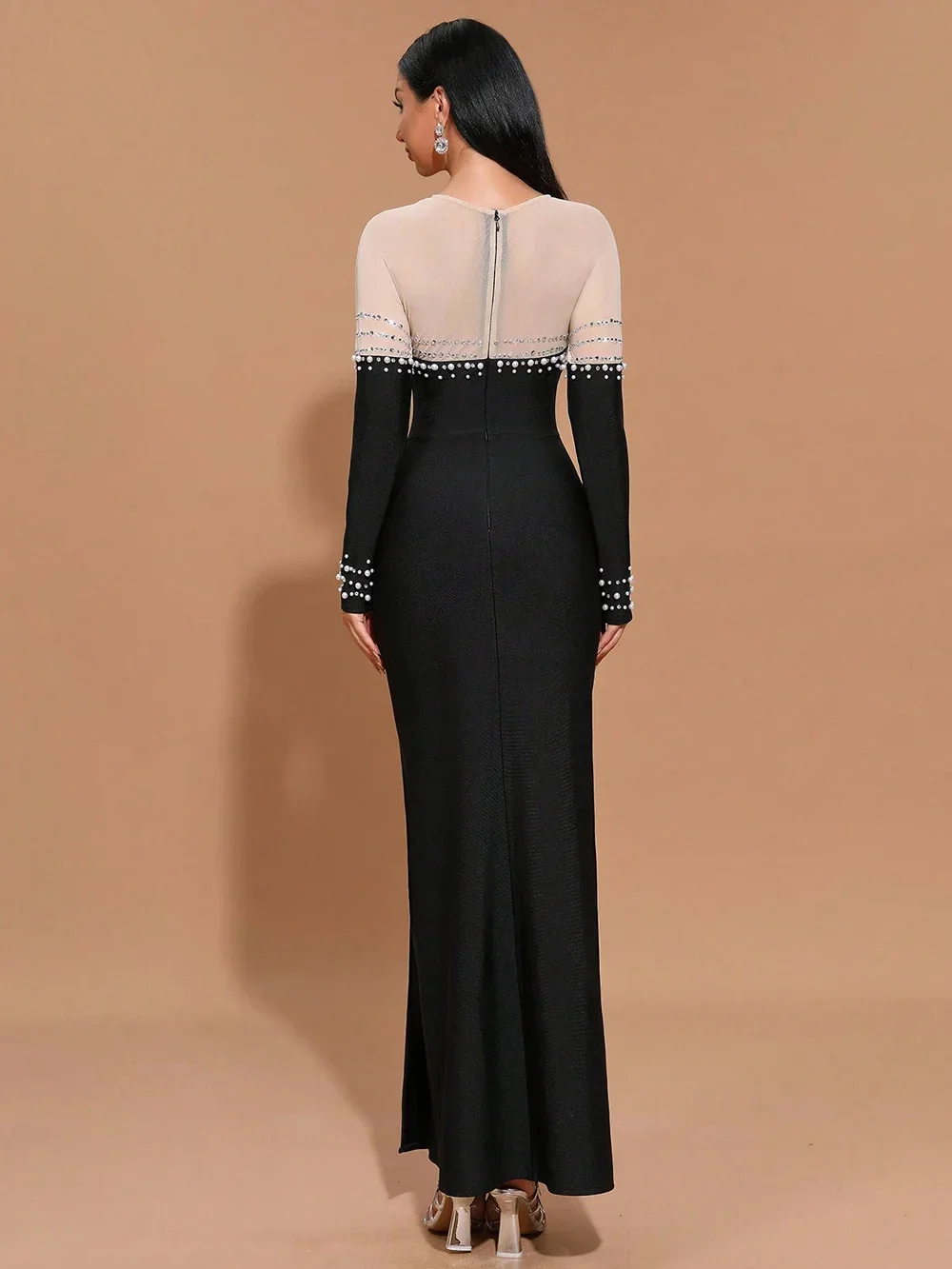 GPBD 2024 осеннее новое облегающее платье с жемчугом и кристаллами женское лоскутное