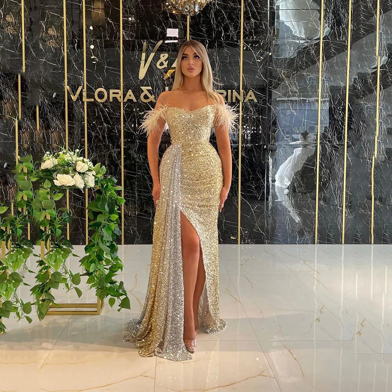 Luxury Floor Length Dresses For Women Wedding Party Clothes Split Strapless Sequins Long Evening Gowns Female Gold Summe