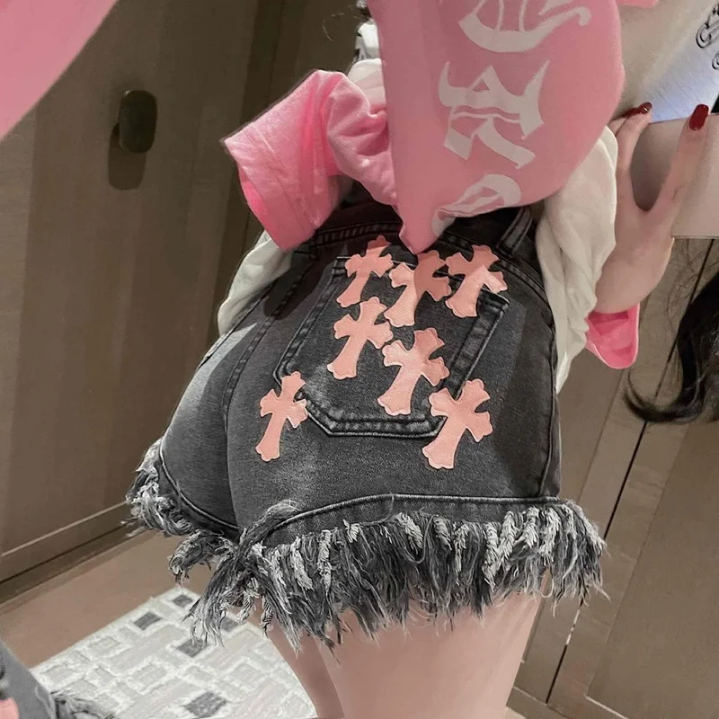 Summer Retro Gothic Denim Patch Shorts Ladies Trend High Street Harajuku High Waist Wide Leg Pants Loose Hot Girl Style