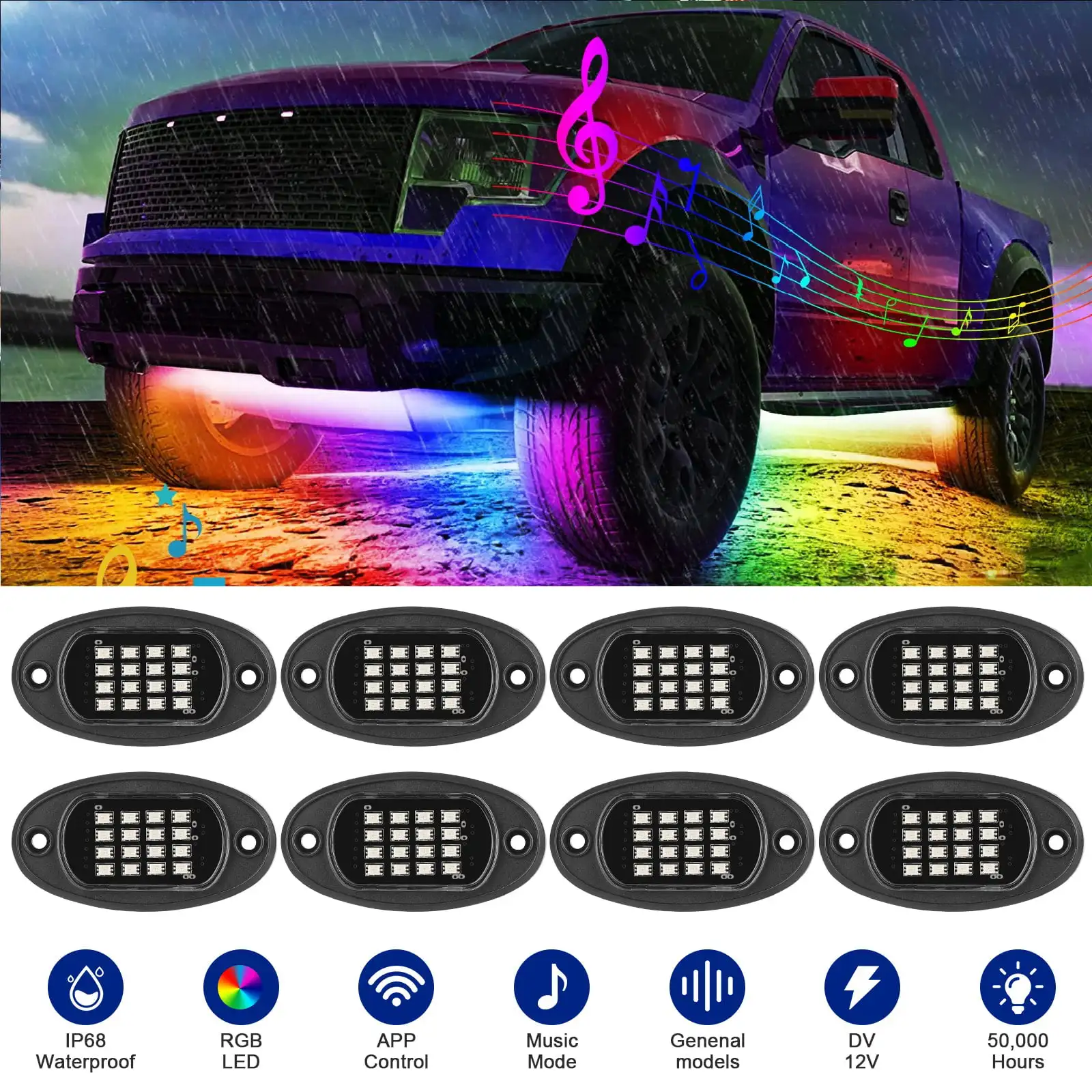 

8 Pods RGB LED Rock Light, RGB LED Neon Lights Kit with APP Control Music Mode, Waterproof Multi-Color LED Off-Road Lights for