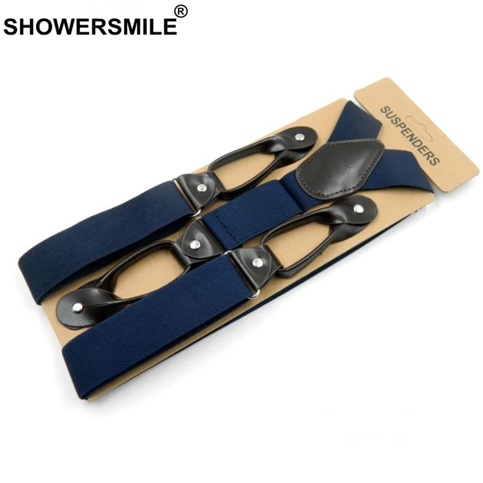 Подтяжки SHOWERSMILE мужские на пуговицах, широкие, однотонные, темно-синие, кожаные, винтажные, для штанов, ремень для брюк, 120, 3,5 см