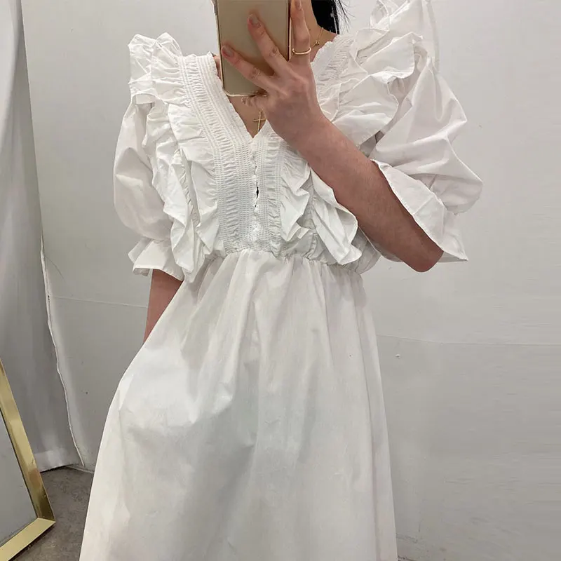 

Женское платье с высокой талией, корейское модное платье с V-образным вырезом и оборками, с пышными рукавами в Корейском стиле, лето 2022