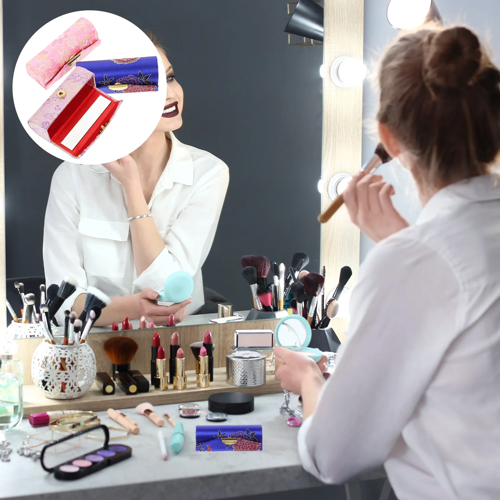 

Lipstick Case Holder Box Purse Mirror Lip Storage Makeup Organizer Flower Chinese Ladies Gloss Satin Floral Gift Balm Vintage