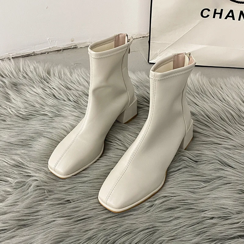 

Luxury Brand Women Beige 7cm Block High Heels Ankle Boots 2022 Winter Female Square Toe Chelsea Boots High Quality Short Boots
