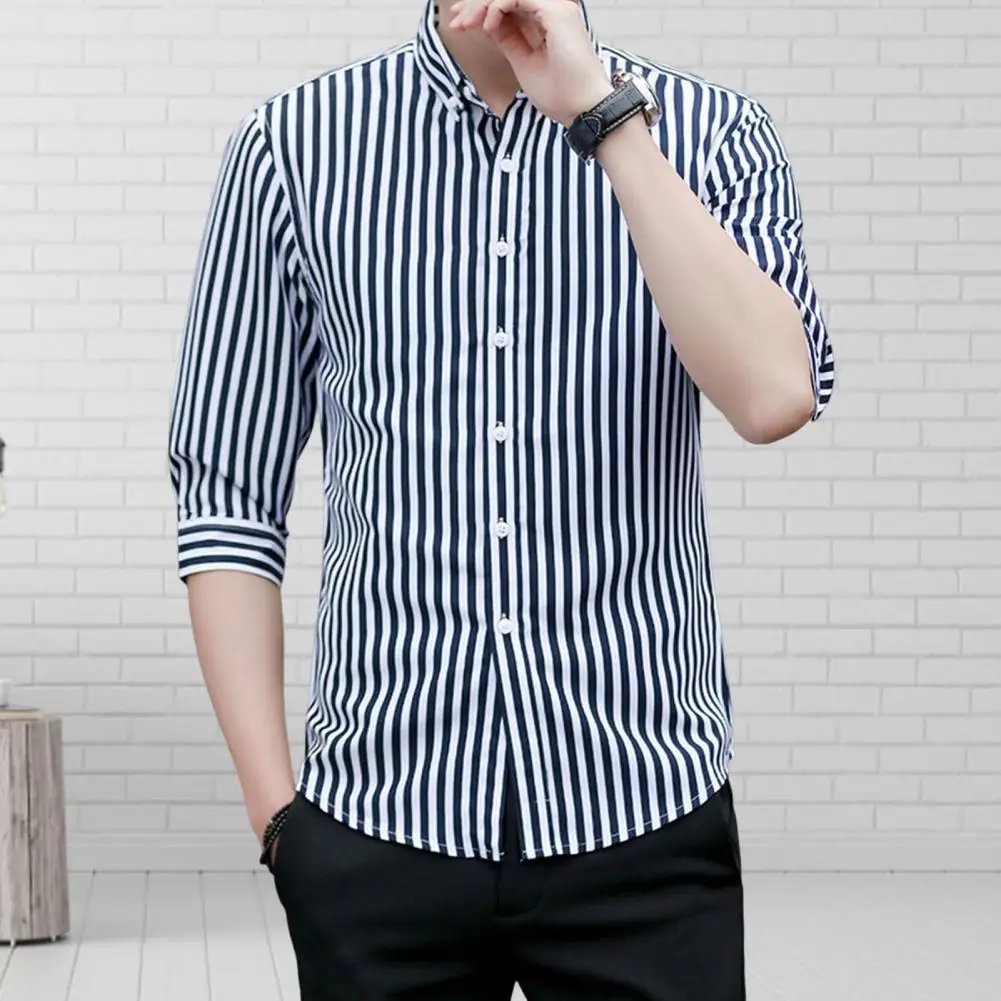 

Stylish Business Shirt Single-breasted Workwear Fine Sewn Men Simple Casual Striped Summer Shirt