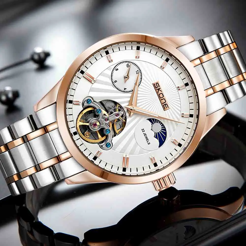 Часы SKONE Moon Phase из нержавеющей стали Роскошные Мужские автоматические
