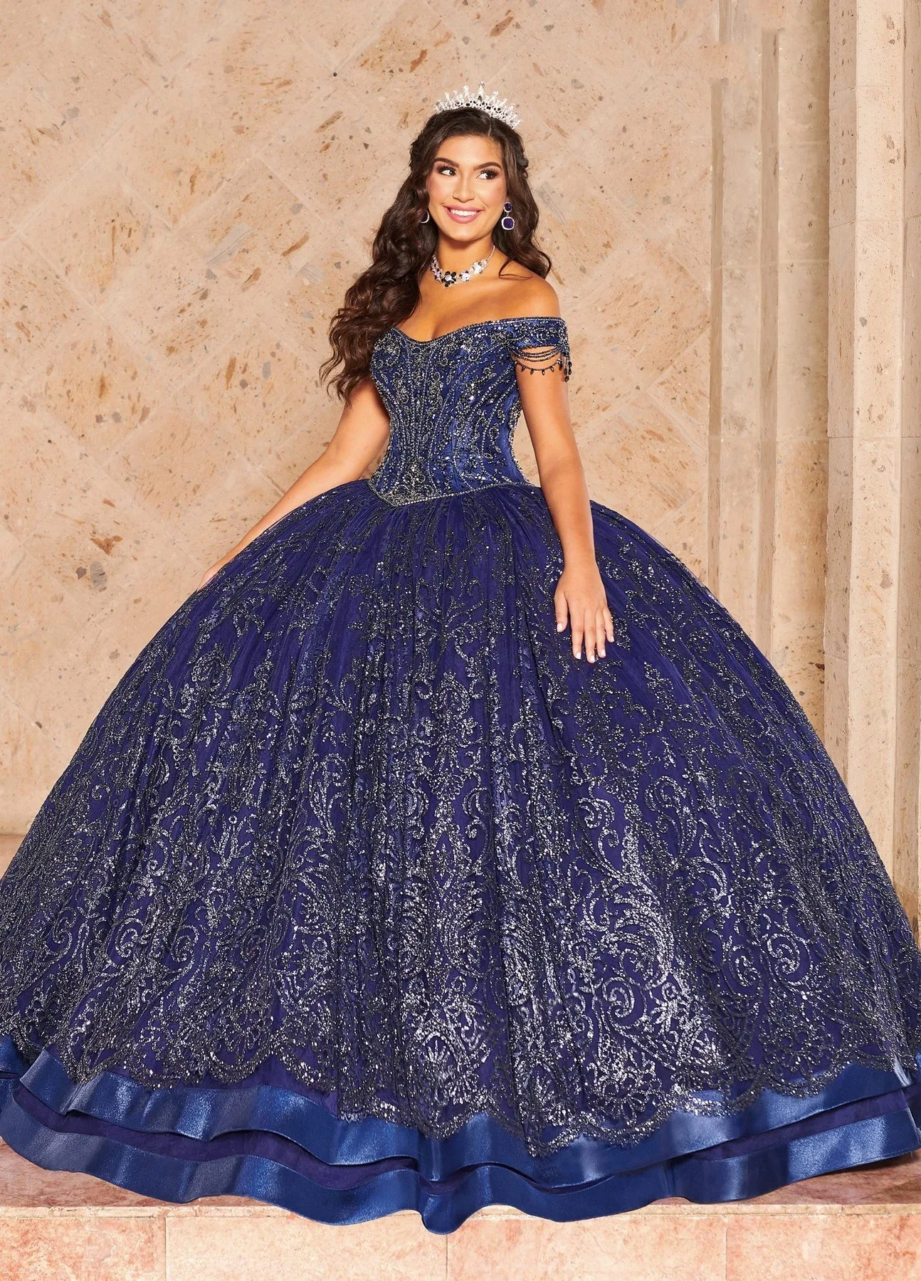 

Navy Blue Charro Quinceanera Dresses Ball Gown Off The Shoulder Tulle Beaded Puffy Mexican Sweet 16 Dresses 15 Anos