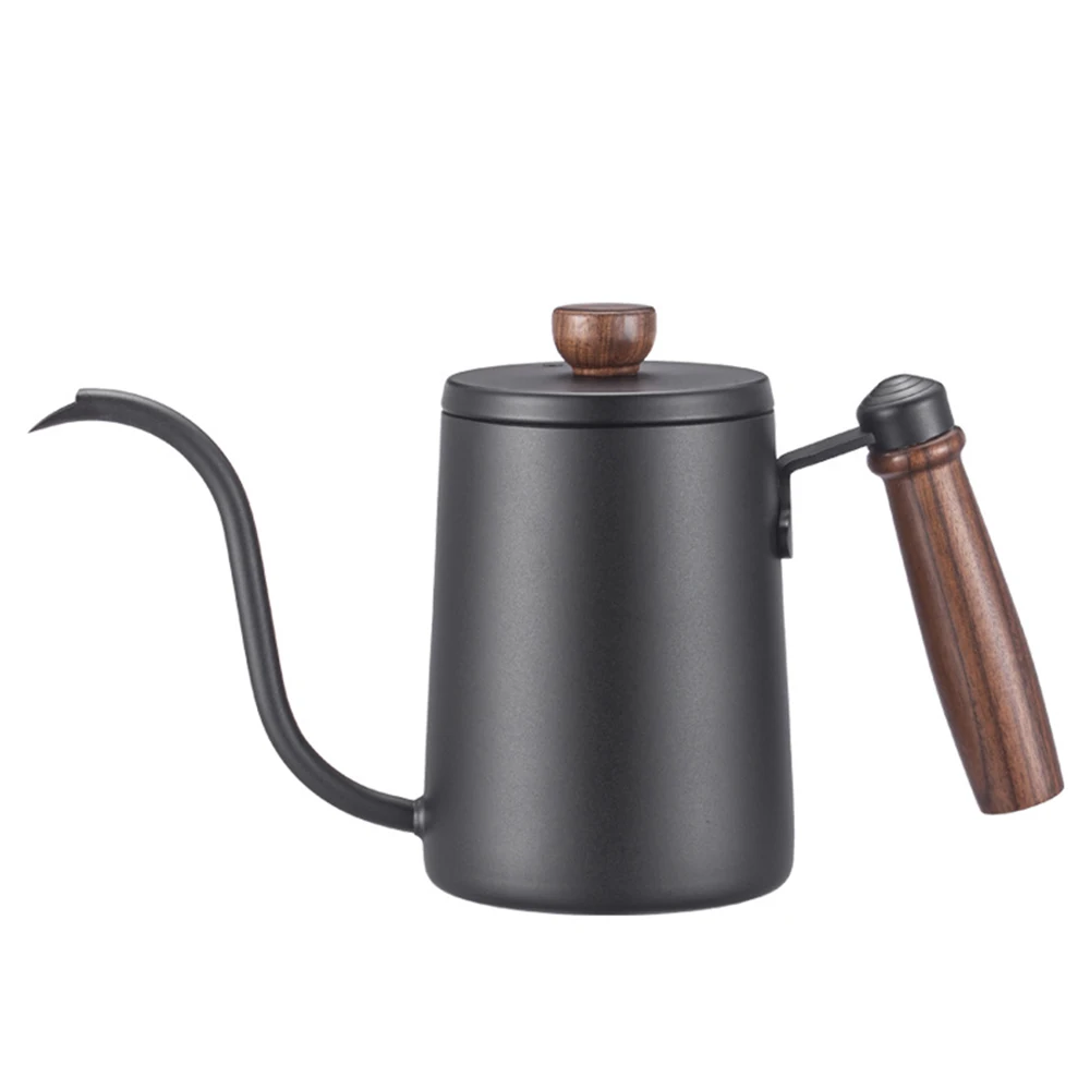 

600ml Stainless Steel Drip Kettle Wooden Handle Gooseneck Coffee Kettle Coffee Pot With Lid Pour Over Tea Pot Coffee Accessories