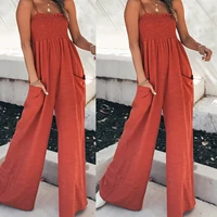 summer strap jumpsuit women wrap chest holiday beach wide leg long pants playsuit solid office lady fashion one piece jumpsuits