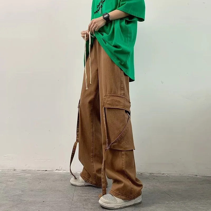 

Brown/Green Cargo Pants Men Fashion Retro Pocket Casual Pants Men Japanese Streetwear Hip Hop Loose Straight Pants Mens Trousers