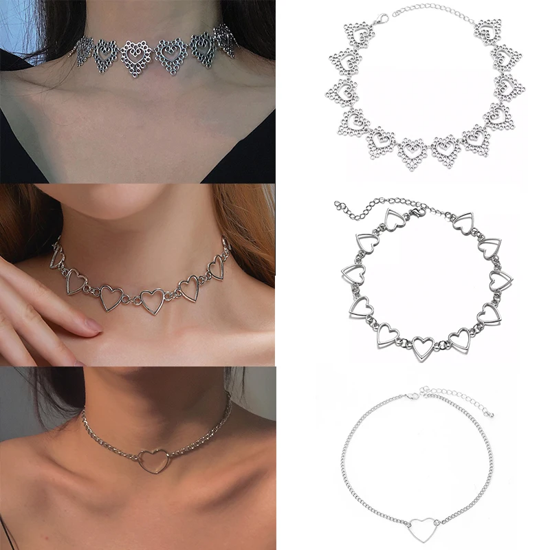 

Винтажное ожерелье-чокер серебряного цвета в форме сердца для женщин и мужчин, ожерелья в стиле панк, элегантные украшения вечерние