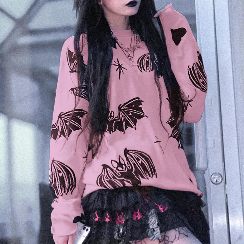 

Gothic Y2K Fairy Grunge Mall Bat Graphics Pullovers Fashion Winter Aesthetic Pink Black Harajuku Pullover Long Sleeve sweater