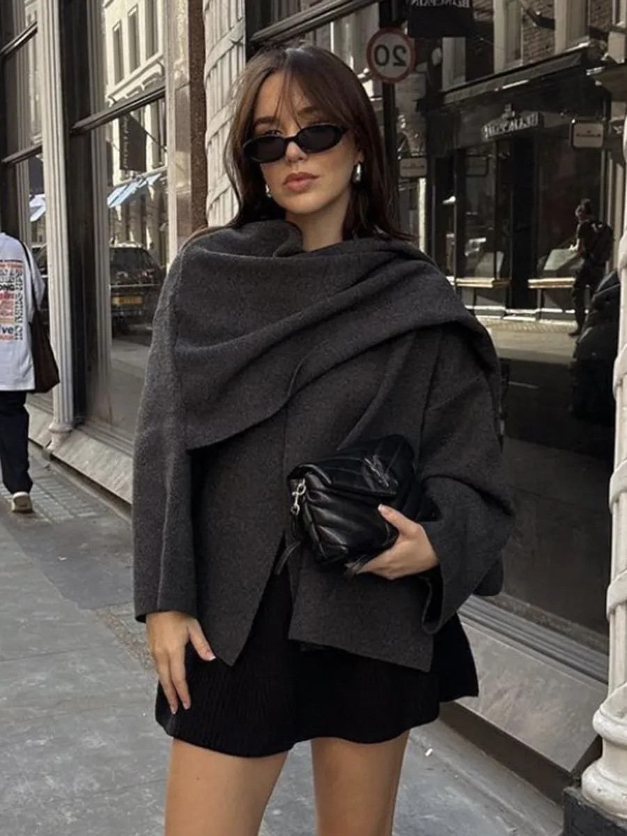 

Элегантные Асимметричные однотонные пальто, женские осенне-зимние теплые шикарные куртки с длинным рукавом и воротником-шарфом, модные повседневные пальто