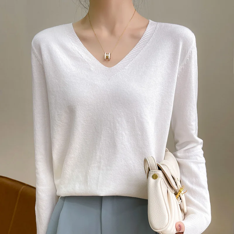 

MVLYFLRT Spring and Autumn New Sweater Women V-neck Pullover Casual Knitted Top Slim Fashion Solid Color Versatile Sweater