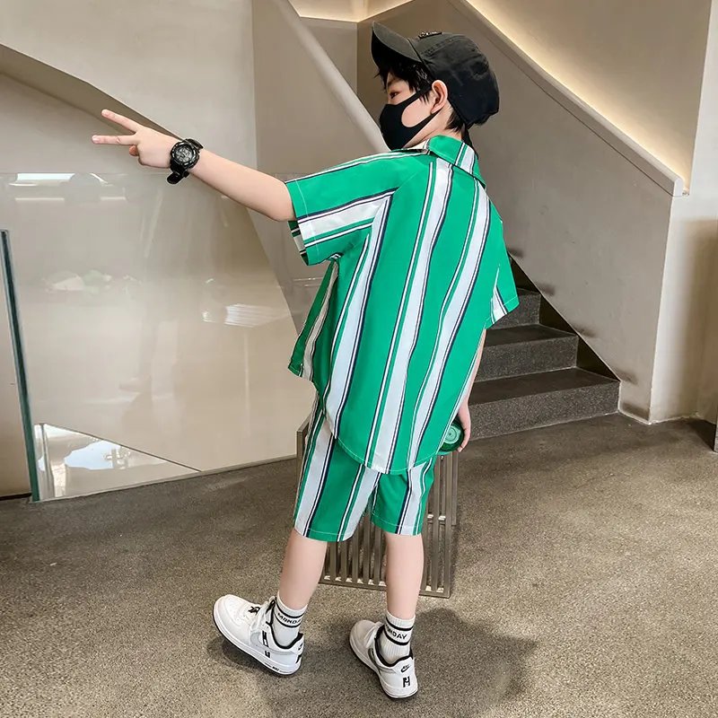 2022 Summer Children's Wide Stripe Clothing Set 3 Pieces Suit For Boys Shirt T-shirt And Shorts 3PCS Outfits For Kids Teenagers