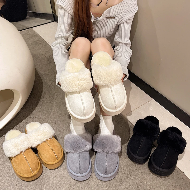 

Shoes Woman 2023 Cover Toe Plush Slippers For Adults Med Flock Platform Pantofle Winter Footwear Fur Flat New Slides with fur