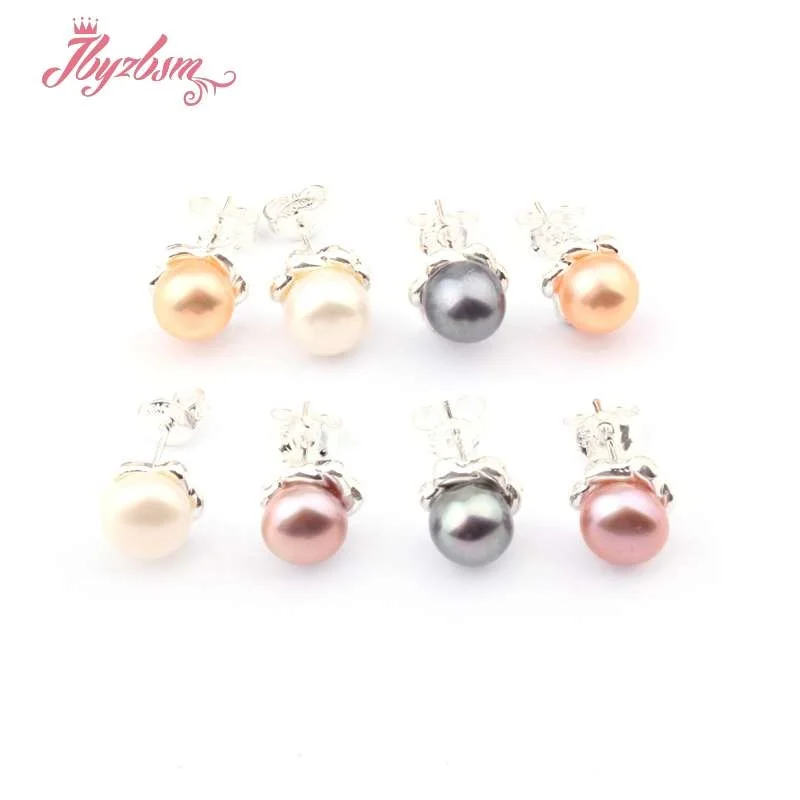 

6mm Natural Round Freshwater Pearl Flower Frame Srud Earrings 1 Pair Women's Fashion Minimalist Earrings for Party Anniversary