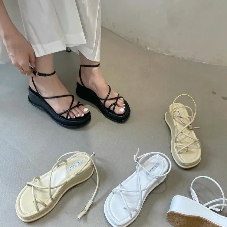 

Design Open Toe Women Sandals Summer Fashion Narrow Band Dress Shoes Platform Wedges Heel Ladies Ankle Strap Gladiator Sandalias