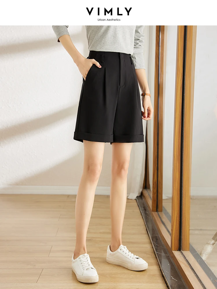 Vimly Black Suit Shorts for Women 2023 Summer Trousers Fashion High Waist Slim Waist Pleated Straight Wide Leg Casual Pants