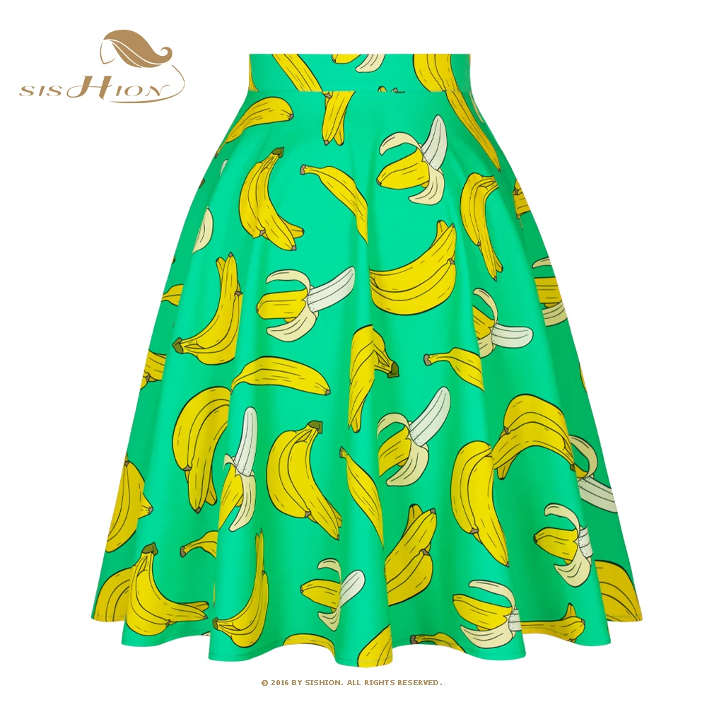 

SISHION Fruits Bananas Printed Cute Women Skirts VD0020 Green High Waist A Line Swing 50s 60s Retro Vintage Rockabilly Skirt