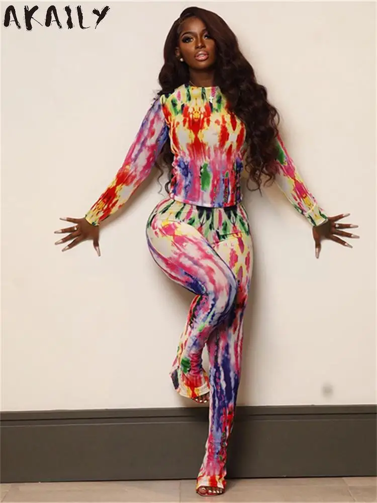 

Akaily летний сетчатый зеленый прозрачный комплект из двух предметов с принтом для женщин 2023 Y2k уличная одежда узкие брюки комплект повседневный комплект