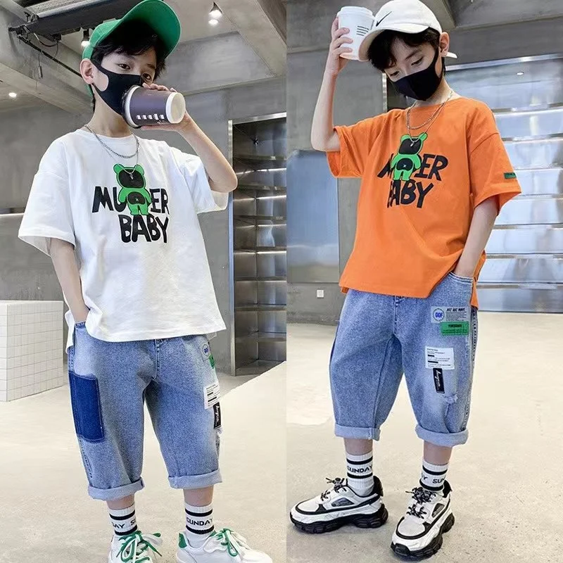 

2023 Clothing Sets Boys Summer Summer New Fashion Casual Letters Print O-Neck T-Shirt & Jeans 2 Pieces Suit Children Outfit