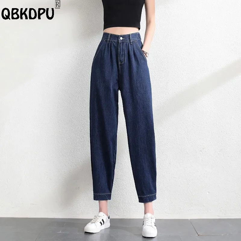 

Fashion Design Button Banded Baggy Jeans Women's Elastic High Waist Denim Harem Pants Wash Casual Blue Wide Leg Vaqueros Mujer