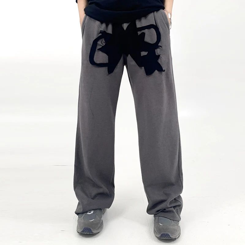 

Retro Frayed Patchwork Embroidery Casual Drawstring Pants Men and Women Solid Color Straight Hip Hop Joggers Sweatpants