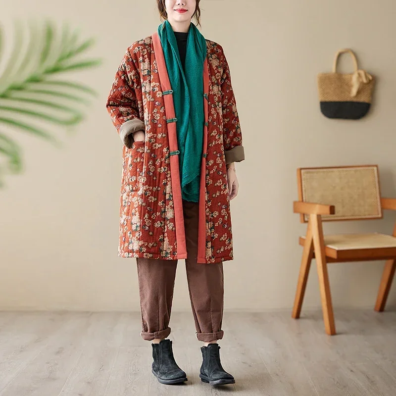 Женское однобортное пальто с цветочным принтом Свободное длинное осеннее из